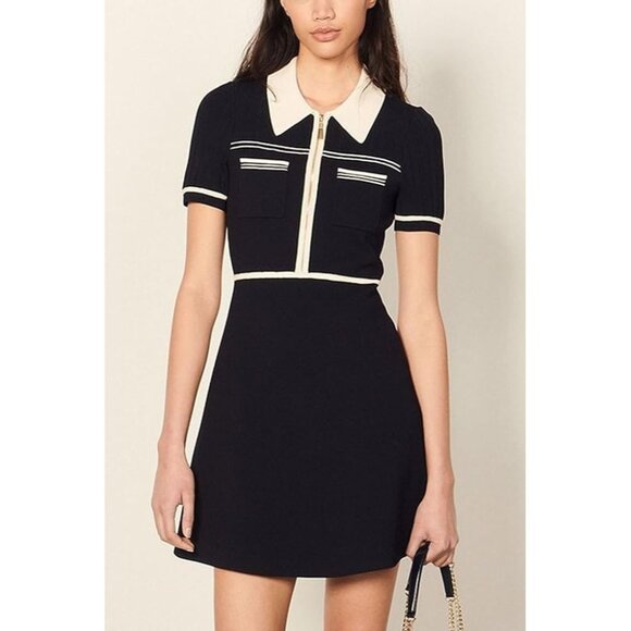 Sandro Two Tone Knit Dress Size 38 in Ecru/Marine - Picture 1 of 16